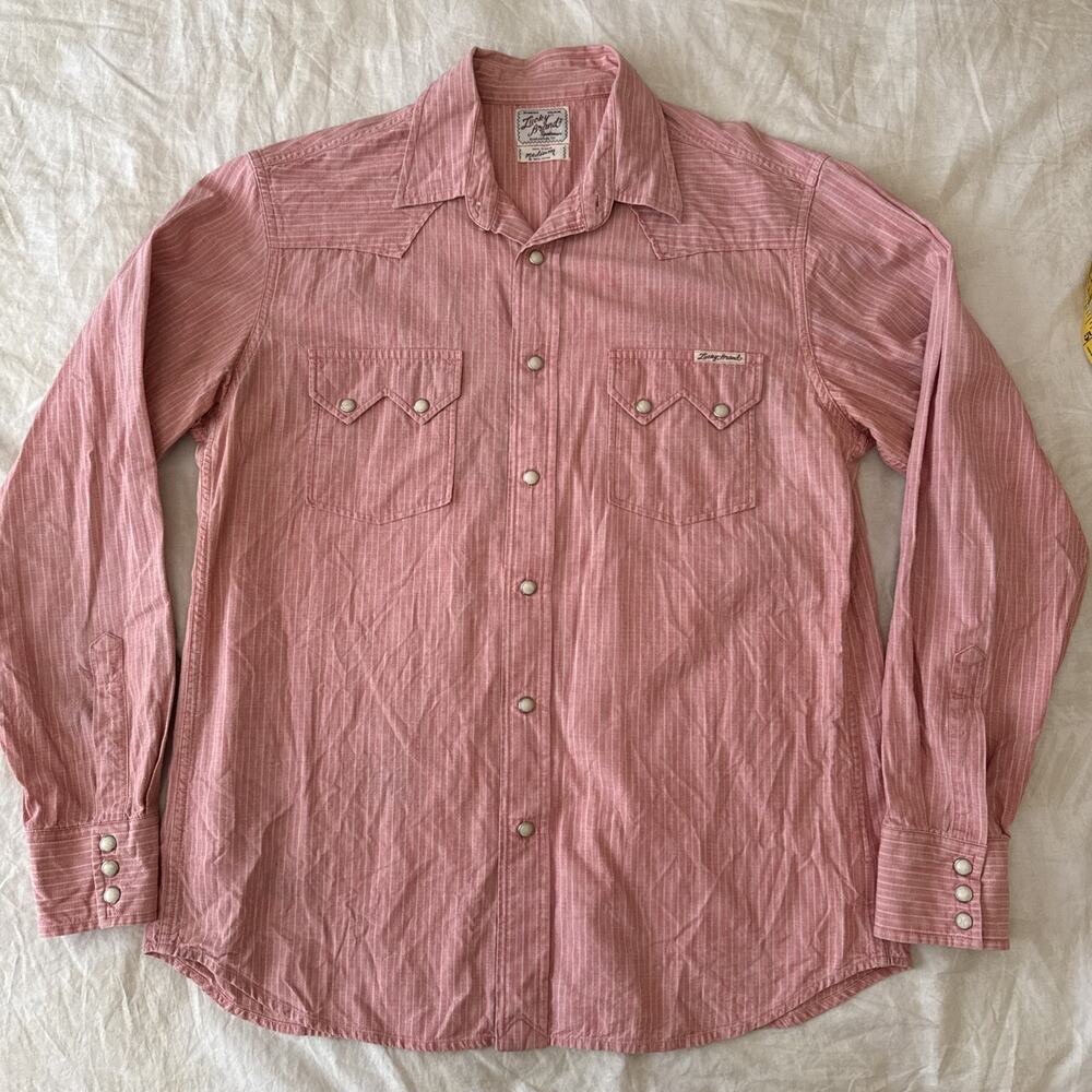 Men's Lucky Brand Medium Western Shirt Red White Stripes Pearl Snap Long Sleeve